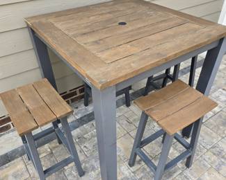 Kettler Teak high top table (39x39x41h) with 4 stools. $800