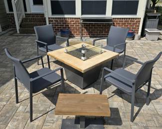 Kettler gas fire pit (35.75x23.5h) with lid (not pictured). $1400.
Chairs SOLD. Kettler Teak pair of stools. $300