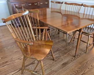 STICKLEY dropleaf dining table (70.3x 43.8x29.8) fully extended; (48.6x43.8x29.8) one leaf down; (27x43.8x29.8) both leaves down; with 2 arm chairs and 4 regular chairs. Set $1600