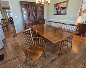 STICKLEY dropleaf dining table (70.3x 43.8x29.8) fully extended; (48.6x43.8x29.8) one leaf down; (27x43.8x29.8) both leaves down; with 2 arm chairs and 4 regular chairs. Set $1600