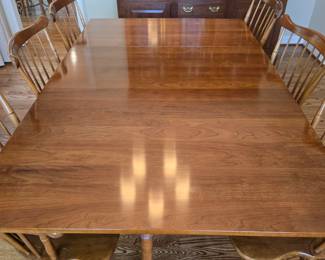 STICKLEY dropleaf dining table (70.3x 43.8x29.8) fully extended; (48.6x43.8x29.8) one leaf down; (27x43.8x29.8) both leaves down; with 2 arm chairs and 4 regular chairs. Set $1600