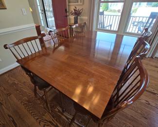 STICKLEY dropleaf dining table (70.3x 43.8x29.8) fully extended; (48.6x43.8x29.8) one leaf down; (27x43.8x29.8) both leaves down; with 2 arm chairs and 4 regular chairs. Set $1600