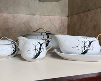 Gold China white plum set. Mid century