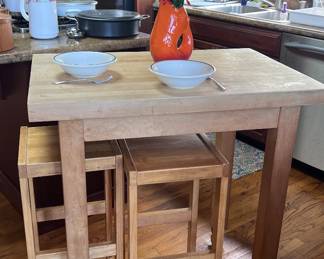 Danish inspired Butcher Block table w/2 chairs! Table can be used as a stand alone butcher block table or island