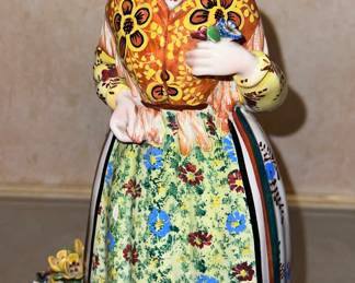 Vintage. Hand-Painted Ceramic woman w/ flowers figurine (Nove, Italy) by Teodoro Sevelin