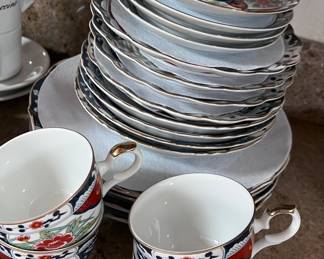 Asian - inspired Porcelain set suitable for tea or coffee. Part of the Kiku Collection by Gumps (Japan)