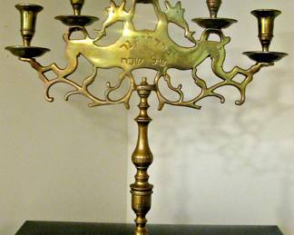 Antique Judaica Brass Figural Shabbat Menorah 5 Candle Holders