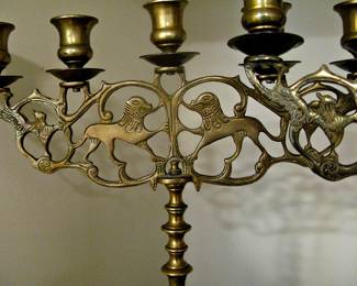 Antique "Lion of Judah" Solid Brass Sabbath Candelabra 5-Candle Holder Menorah