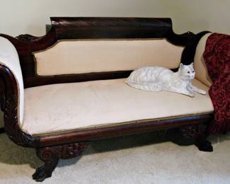 Antique Carved Mahogany Upholstered Sofa - Large Vintage Beautiful White Persian Cat