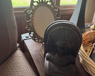 Indian head bookends and brass picture frame