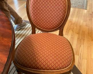 Dining Chairs are Minton- Spidell Bristol Side Chairs have a French Distressed Finish with decorative trim. Fabric is Stroheim & Roman Fabric - Breton Washed Figured Russett Woven .