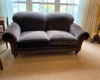 Edward Ferrell Sofa - Spring Down Seats - Exposed Turned Legs - Dark Mahogany finish, 72”L X 38” D X 34” H. Fabric Pindler & Pindler Tobacco.