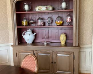 Woodland Furniture Hutch. Outside color is Burnt Olive and inside back is Tuscany Red. Side board is 72” L X 20” D X 36” H. Hutch is 68” L 18” D.