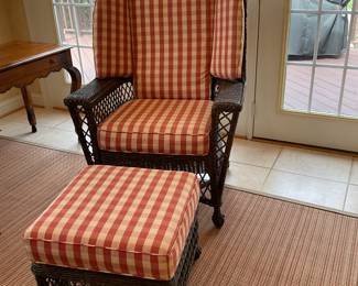 Mainly Baskets - Wing Back chair with Ottoman in a dark stain. Fabric: Dogwood Box Check.