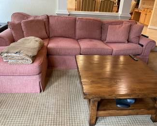 Henredon Sectional Sofa Fabric by B. Berger - Nugget Red R Arm 87” L - Left Arm 33x75
Mountain Coffee Table 42” x 42” x19”H Normandy Finish