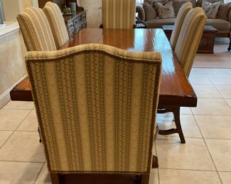 Charles Stewart Jacobean Side Chairs and Arm Chairs Brown Mahogany Finish. Fabric on backs by Stroheim & Romann - Sweet William Stripe . Seat fabric by Pindler & Pindler - Parma Chamois .