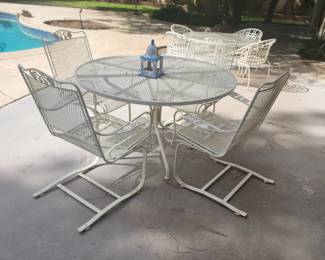 Vintage Russell Woodard Wrought Iron Patio Set - 48" Table & 4 Rocking Chairs