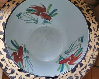 Large Chinese Gilt Porcelain Fish Bowl with Stand.