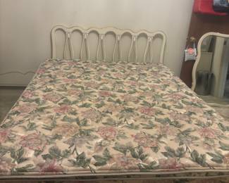The Dixie Provincial headboard/footboard is for a FULL size bed. Mattress/boxed springs is a QUEEN. Comes with rails and frame.