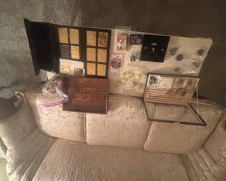 Gold plated baseball cards, jewelry and wooden etched tray