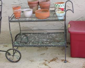 Metal patio serving cart w/glass shelves