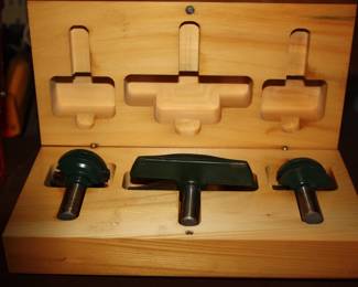3 router bits in wood box