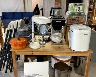 small kitchen appliances, pine kitchen table, canning supplies