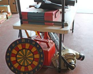 Dart Board, Darts, Gas Cans, Leaf Blower