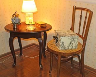 Side Table, Lamp w Nightlight, Caned Chair