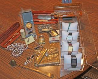 Watches, Hat Pins, Candle Snuff, Vintage Purse, Foreign Coin