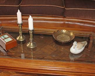 Coffee Table, Wood Music Box, Ceramic Duck, Brass Dish