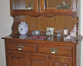 China Buffet Cabinet, Decorator Plates, Hand Painted Plates, Glass Cat, Vase
