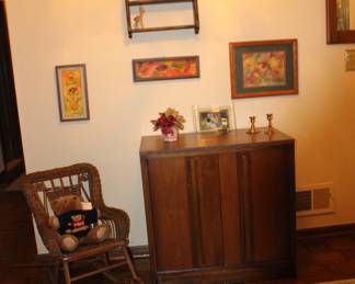 Foyer MCM Cabinet, Wicker Rocker, Art, Shelf, Mirror