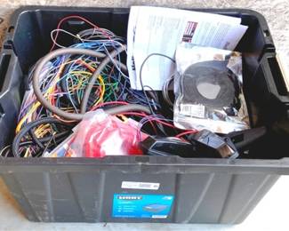 80 - Plastic Tote of Assorted Electrical Wiring & More You are buying a used as-is electric/electronic item. We do not guarantee all components are present, and if it is not expressly stated, it is untested.
