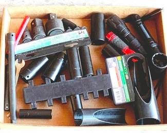 53 - Tray Lot of Sockets & Flashlight You are buying a used as-is electric/electronic item. We do not guarantee all components are present, and if it is not expressly stated, it is untested.
