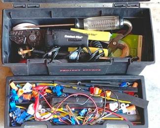 17 - Plastic Toolbox with Electrical Tools You are buying a used as-is electric/electronic item. We do not guarantee all components are present, and if it is not expressly stated, it is untested.
