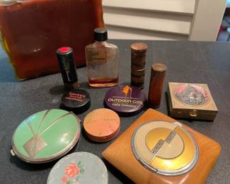 Vintage 1930's? Art Deco, Mini-Makeup Collection, Rouge, Lipstick, Powder, Fragrance