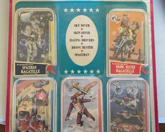 Transogram, Five Toys, on One Display! Bagatelle Pinball Exciting--SPACEMAN, BRONCO BUSTER, SKIN DIVER, SKY DIVER! In Old, Original Packaging 1960/70's