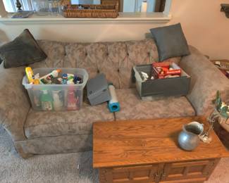 MATCHING SOFA $60 AND LOVESEAT $50, DOUBLE DOOR ICE CHEST COFFEE TABLE $100