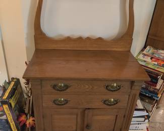 ANTIQUE WASH STAND WITH DRAWERS, DOORS AND DOWELL ROD SOLID WOOD $50