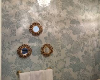 Chandelier; gold finish bathroom hardware; miniature mirrors