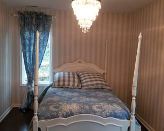 Charming 4-poster queen bed with custom bedding & matching window treatments; chandelier