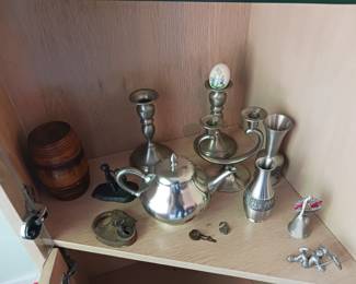 Pewter candlesticks and teapot
