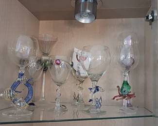 Nautical themed art glass wine goblets