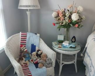 Wicker end table and lamp and chair