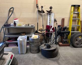 Weed eaters, garage shelving, drill press, ladder