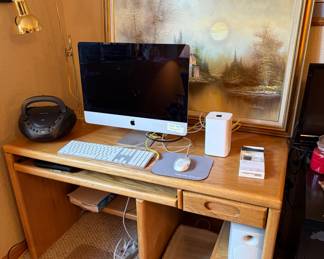 DESK, LAMPS AND ARTWORK