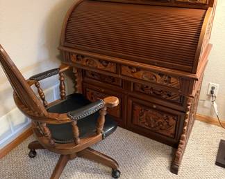 LOVELY CARVED ROLL TOP DESK AND CHAIR SET