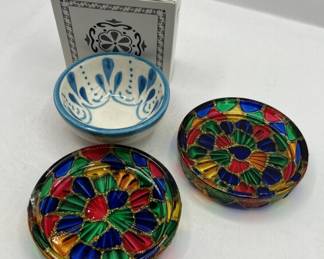 Lot 49 | Mexican Pottery Dish, Rainbow Glass Coasters