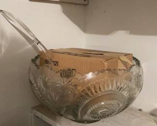 Lot 207 | Large Vintage Glass Punch Bowl & Glasses, Ladle